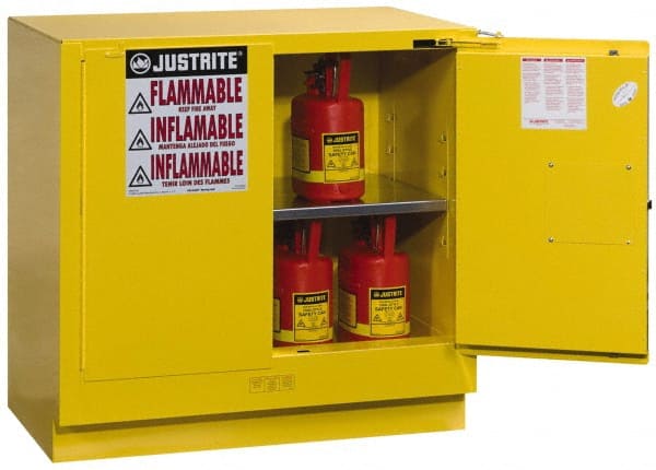 Justrite. 892320 Flammable & Hazardous Storage Cabinets: 22 gal Drum, 2 Door, 1 Shelf, Self Closing, Yellow 