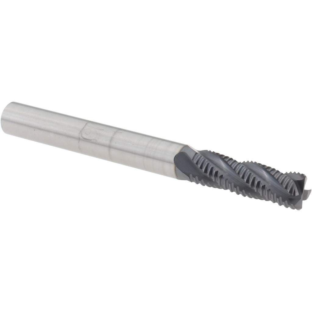 Titan USA Roughing End Mill: 1/4" Dia, Single End, Solid Carbide - 3/4" LOC, 2-1/2" OAL, 1/4" Shank Dia, 30 deg Helix, AlTiN Finish, 295