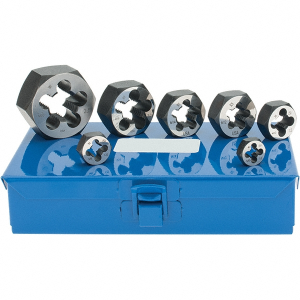 M6x1.00 to M20x2.50 Metric, Hex Die Set - Carbon Steel, 7 Piece Set, Comes with Metal Case