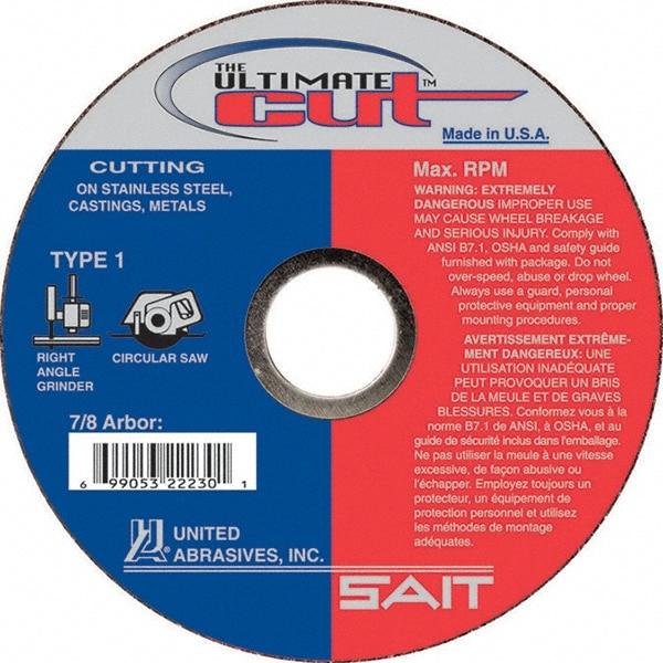 Cutoff Wheel: Type 01/41, 6" Dia, 0.045" Thick, 7/8" Hole, Aluminum Oxide