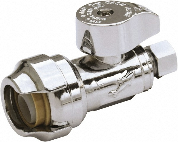 1/2 & 3/8" Pipe, 200 psi WOG Rating, Brass Stop Valve - Chrome Finished Handle, Push Fit End Connections, For Potable Water Applications