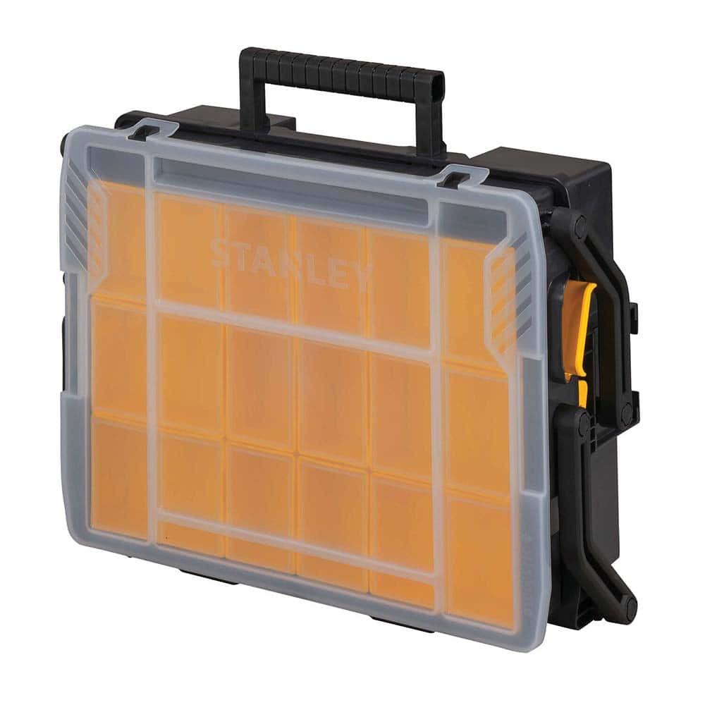 Stanley 12 Compartment Black/Yellow Small Parts Compartment Box - 11-3/4 Wide x 5-3/8 High x 15-9/16 Deep, Plastic Frame, 5 Bin Height x 5 Bin