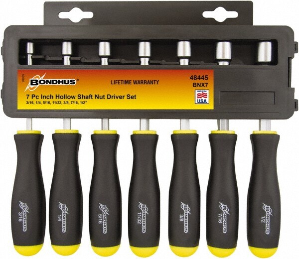 Nut Driver Set: 7 Pc, 3/16 to 1/2", Hollow Shaft, Ergonomic Handle