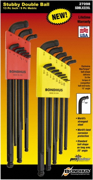 22 Piece, L-Wrench Ball End Hex Key Set - 0.05 to 3/8" Range, 3.16" OAL,
