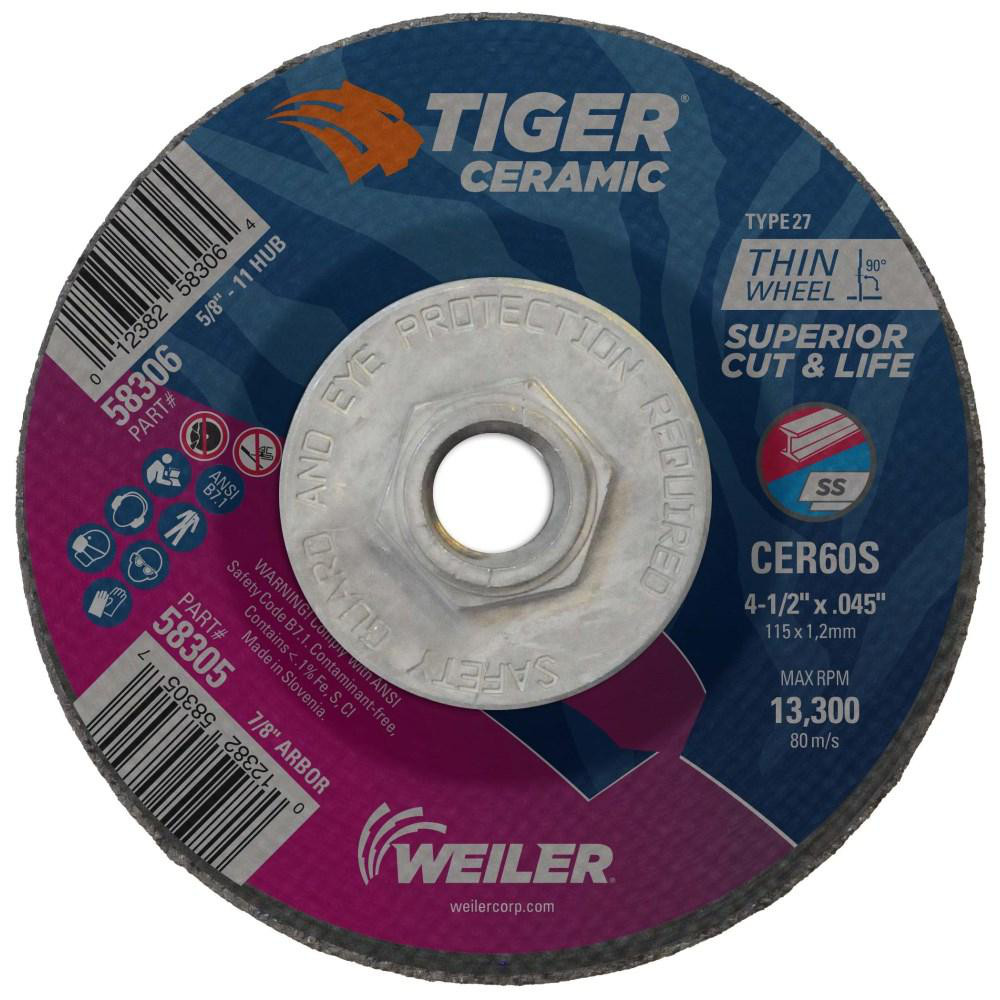 Depressed-Center Wheel: Type 27, 4-1/2" Dia, 0.0450" Thick, 5/8-11 Hole, Ceramic - 60 Grit, Resinoid Bond, 13300 Max RPM, Use with Right Angle Grinder