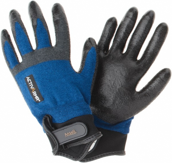 Cut, Puncture & Abrasion-Resistant Gloves: Activarmr 97-002, Cut A3, Puncture 2, Abrasion 4, 18 ga, Size Medium, 10-1/2" Long - Nylon, Spandex, Stainless Steel & Kevlar, Nitrile-Coated, Palm Coating, Enhanced Grip, Black on Blue<multisep/>Gray Pair