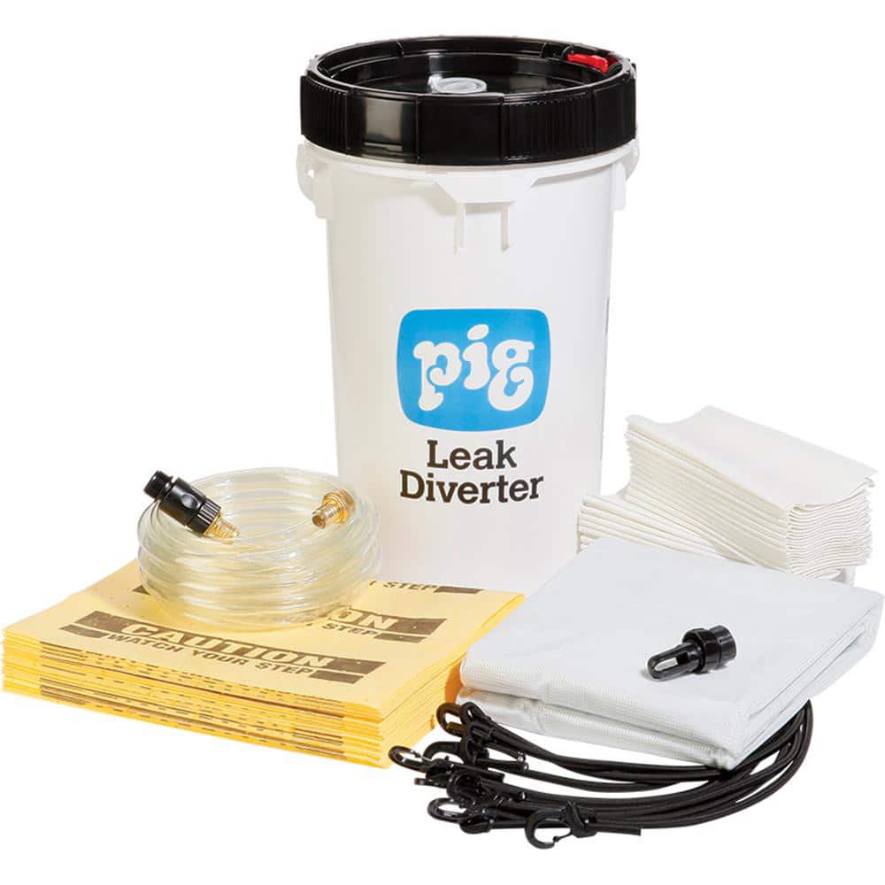 New Pig TLS668-TR Leak Diverters; Diverter Type: Roof Leak Diverter; Shape: Square; Length (Feet): 7.00; Width (Feet): 7; Material: Polyester; PVC; Includes: 1 - 30 Pack "CAUTION" PIG. Mat Pads; 1 - 7 W x 7 L Leak Diverter Tarp; 1 - 6.5 gal. Bucket; 1 - Quick Connect Set 