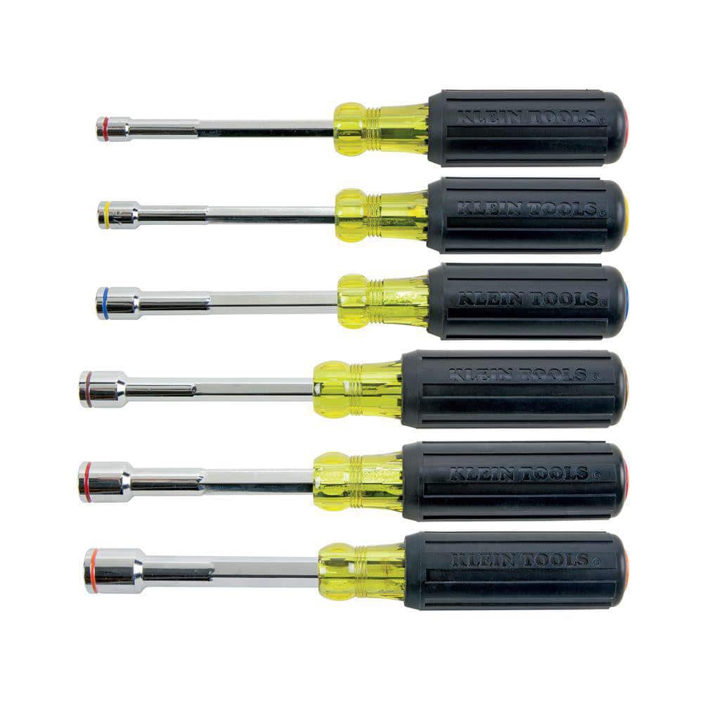 Klein Tools 635-6 Nut Driver Set: 6 Pc, 1/4 to 9/16", Hollow Shaft, Color-Coded Handle 