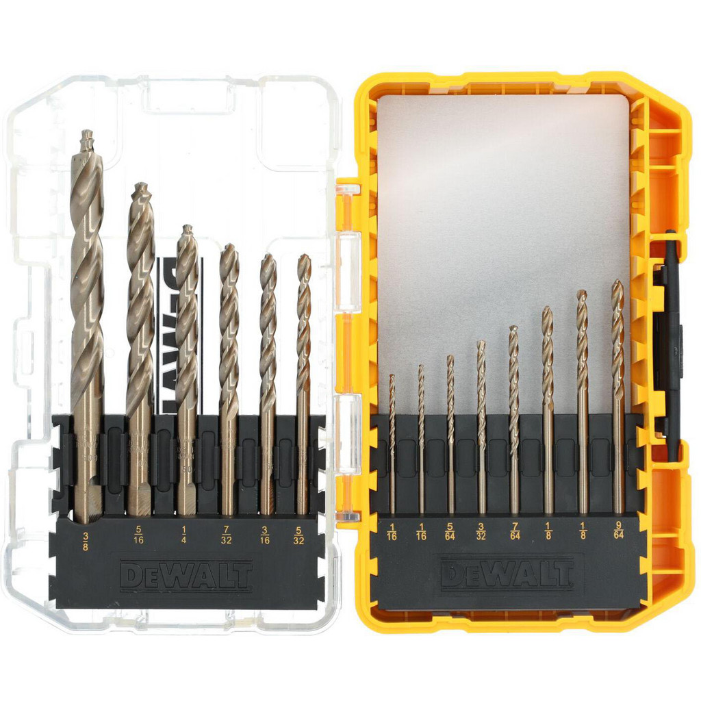 DeWALT Drill Bit Set: Jobber Length Drill Bits, 14 Pc, 135 deg, Alloy Steel & Cobalt - Cobalt, Pilot Point & Split Point, Round & Round w/ 3