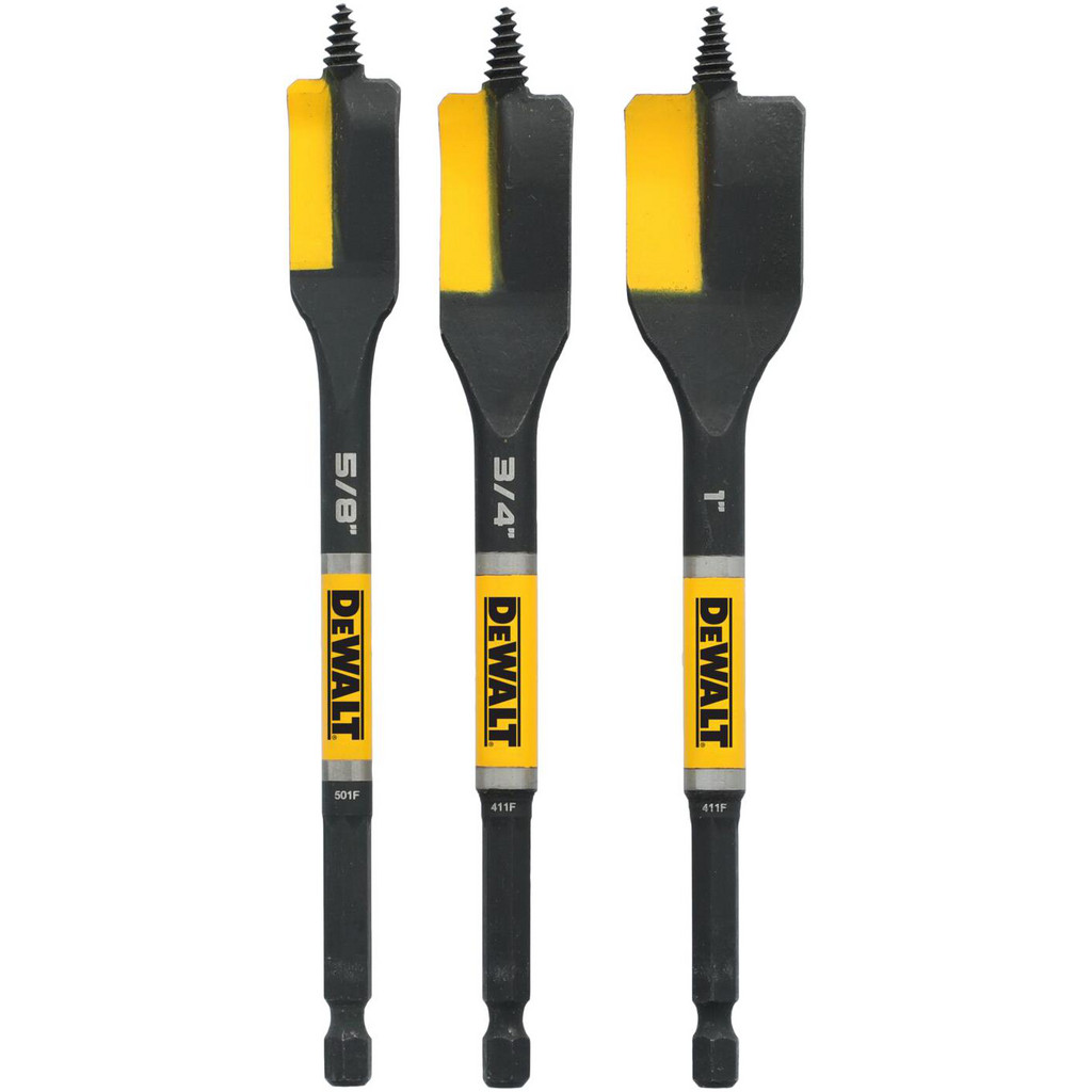 DeWALT Drill Bit Set: Spade Drill Bits, 3 Pc, 0 deg, Carbon Steel - Black Oxide, Self-Feed Screw Tip, Hex Shank, Series DEWALT ELITE SERIES