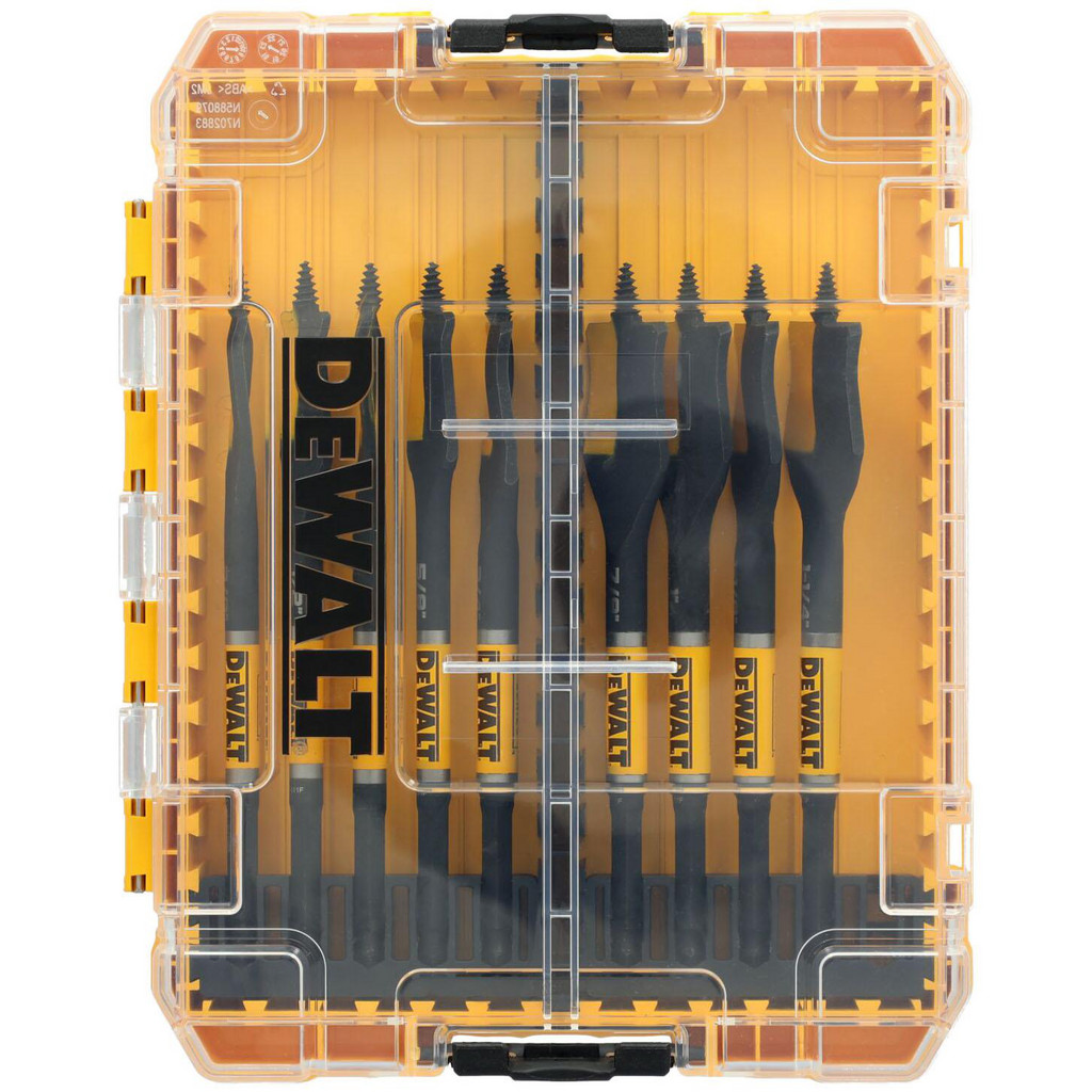 DeWALT Drill Bit Set: Spade Drill Bits, 9 Pc, 0 deg, Carbon Steel - Black Oxide, Self-Feed Screw Tip, Hex Shank, Series DEWALT ELITE SERIES