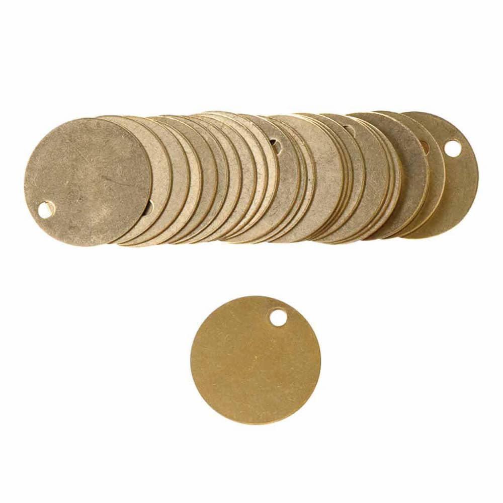 Blank Metal Tags; Shape: Round ; Tag Type: Valve Tag ; Diameter (Decimal Inch): 1.5in ; Overall Diameter: 1.5in ; Hole Diameter: 0.19in ; Standards: RoHS