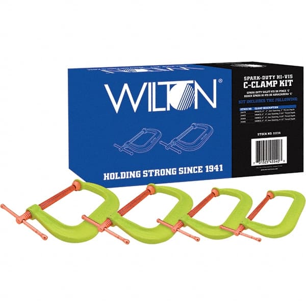 Wilton 11114 C-Clamp & Cantilever Clamp Sets; Clamp Type: Spark Duty C-Clamp; Type: Kit; Application Strength: Regular-Duty; Number of Pieces: 4; Maximum Opening Capacity: 8 in; Throat Depth Style: Extra Deep Throat; Includes: Set of 4 Clamps; Minimum Opening Capacity 