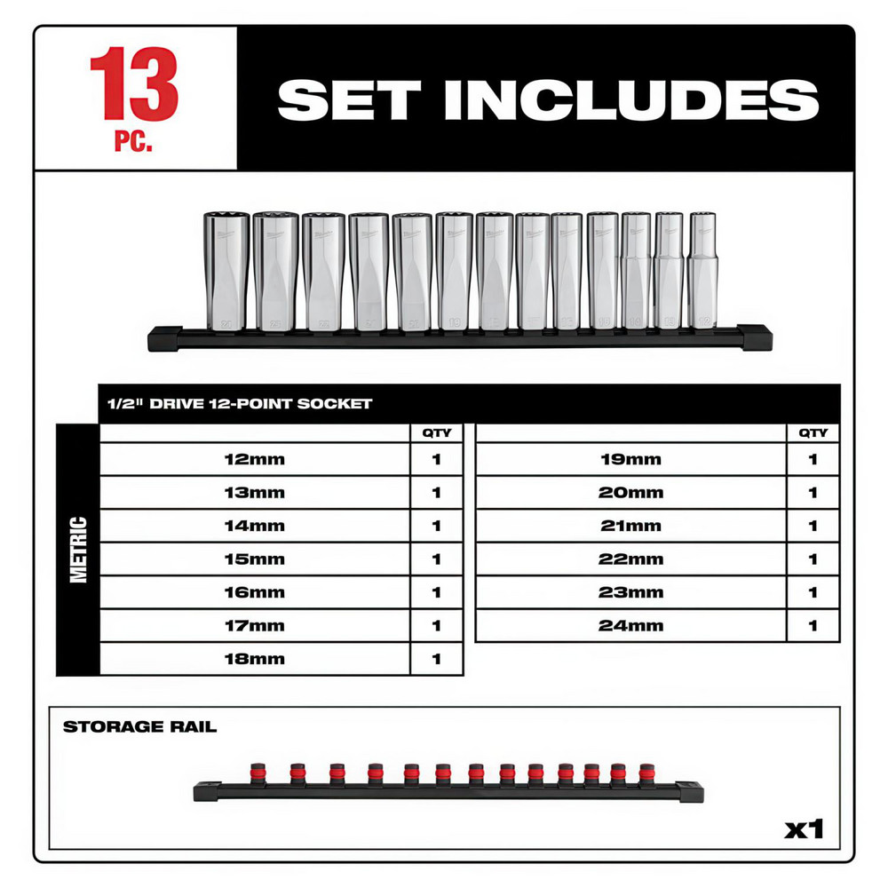 Milwaukee Tool - 13 Pc. 1/2” Drive 12-Point Deep Well Metric Socket Set ...