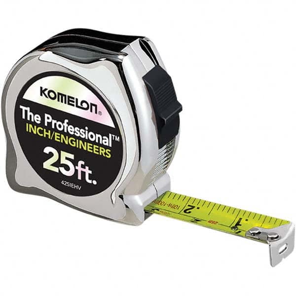 Tape Measure: 25' Long, 1" Width, High-Visibility Yellow & White Blade