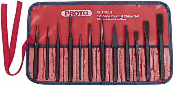 Punch & Chisel Set: 12 Pc, 3/16 - 1/2" Chisel, 3/32 - 3/8" Punch - Steel, Not Tether Capable