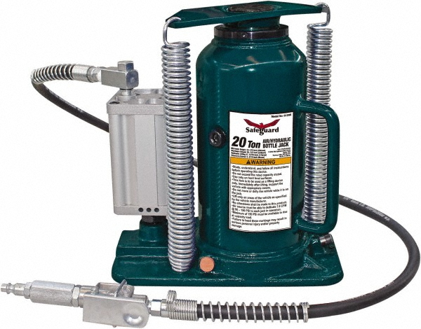 20 Ton Capacity Air-Actuated Bottle Jack - 10-1/2" to 20-1/2" High, 6.77" Piston Stroke, 1.42" Screw Dia, 2.2" Plunger Dia, 7" Long x 9-1/2" Wide Base