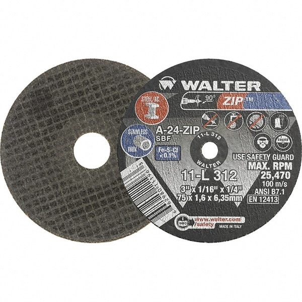 Cut-Off Wheel: Type 1, 3" Dia, 1/16" Thick, 1/4" Hole, Aluminum Oxide