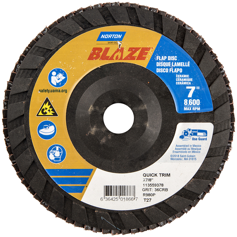 Norton Flap Disc 7" Dia, 7/8" Hole, 36 Grit, Ceramic Alumina, Type