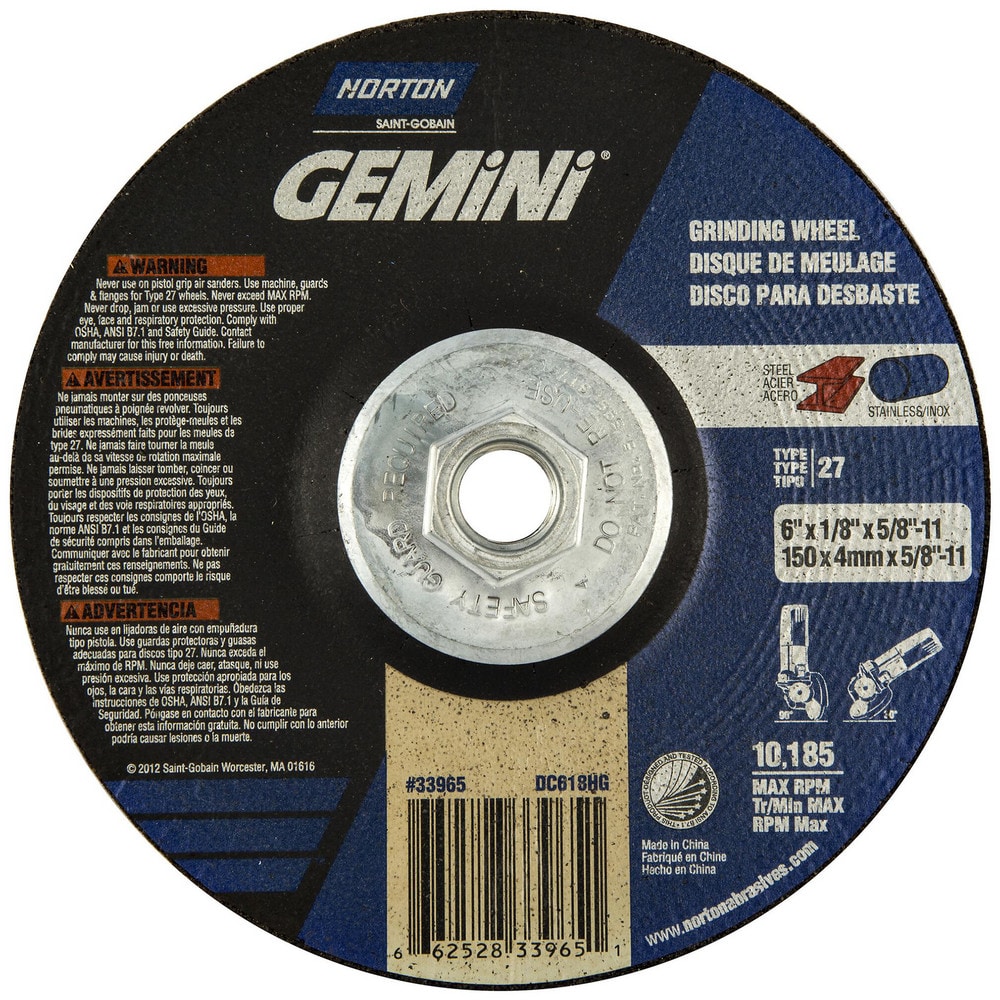Depressed Center Wheel: Type 27, 6" Dia, Aluminum Oxide