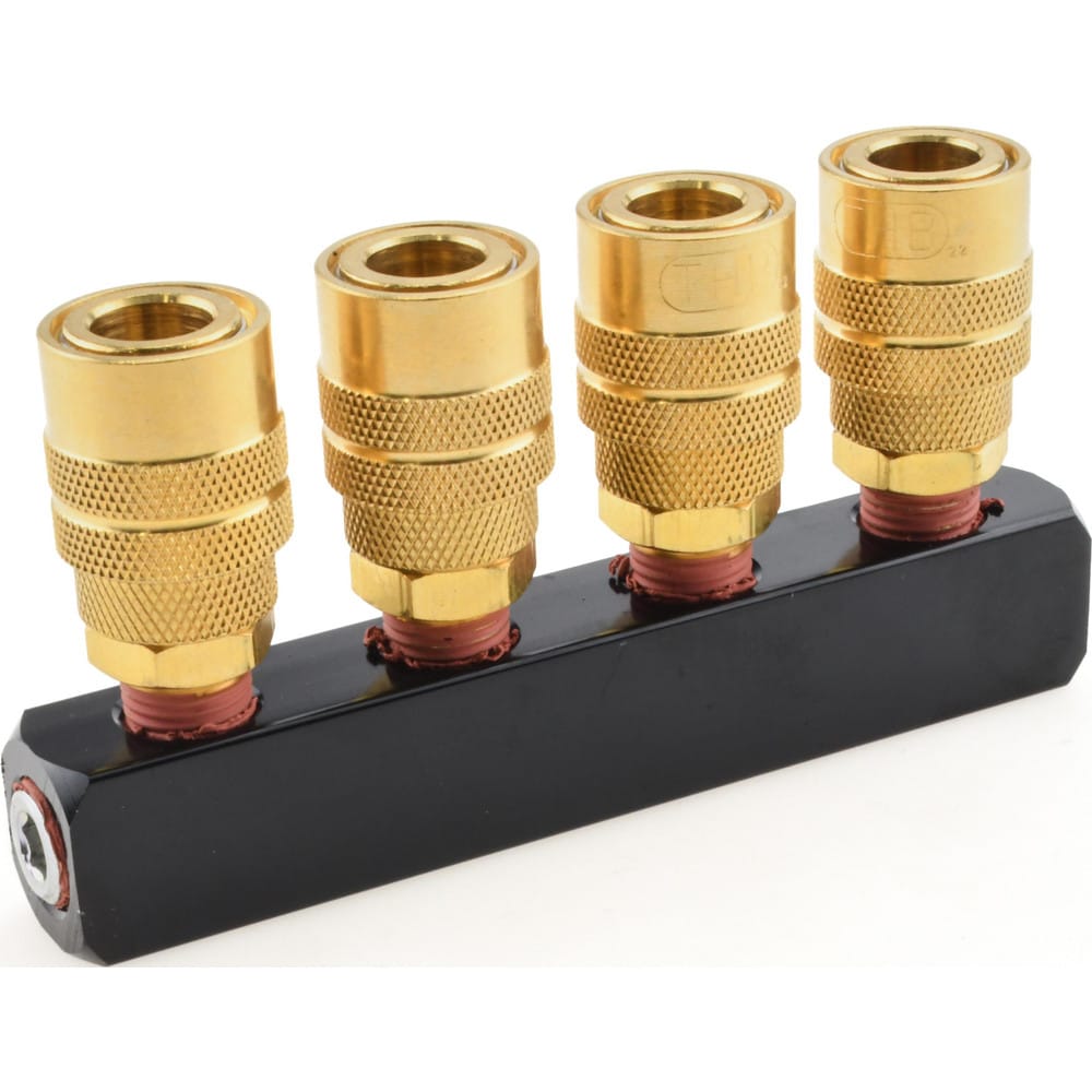 Manifold: 1/4" Inlet, 1/4" Outlet, 1 Inlet Port, 4 Outlet Ports, 4.9" OAL