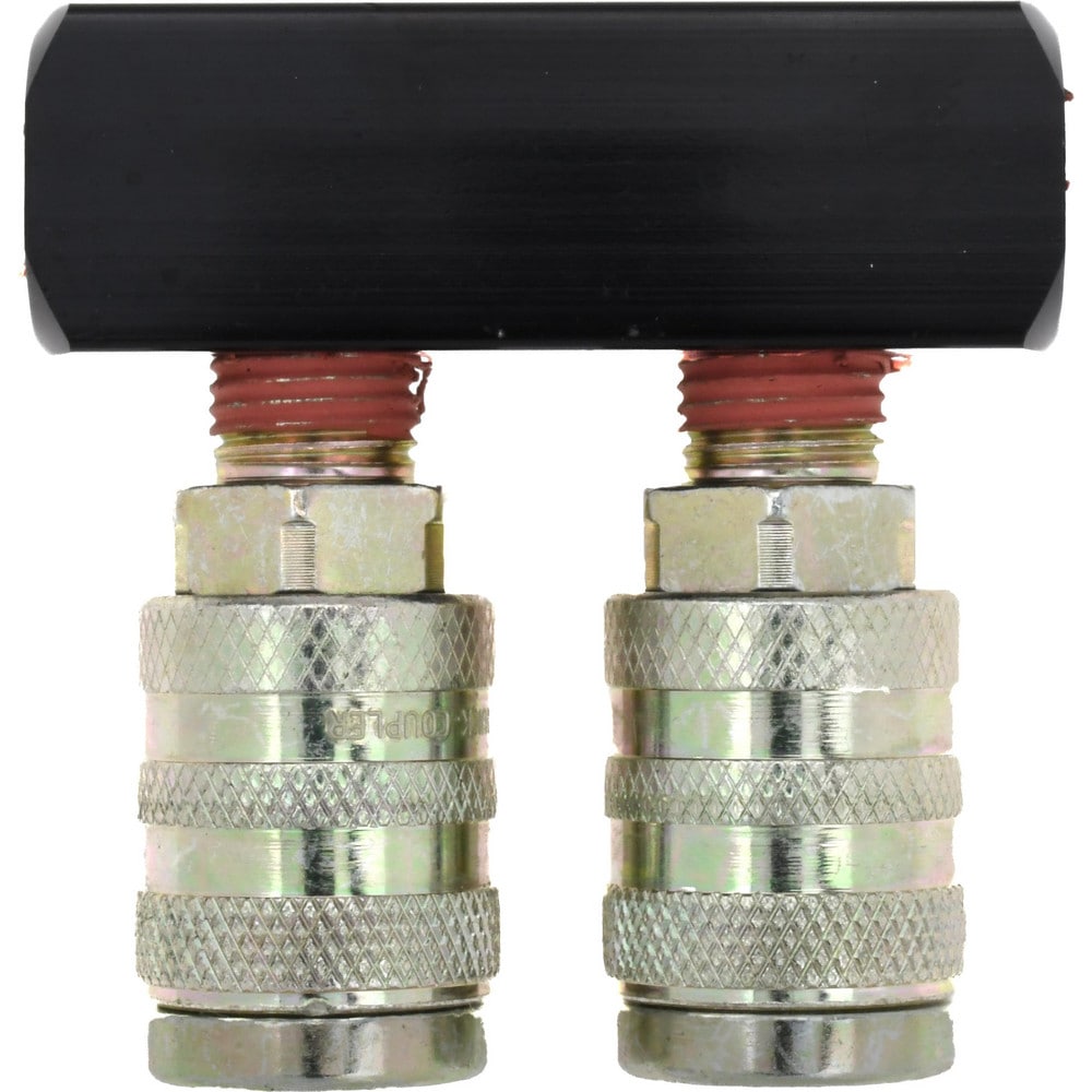 Manifold: 1/4" Inlet, 1/4" Outlet, 1 Inlet Port, 2 Outlet Ports, 2.56" OAL, 0.75" OAW