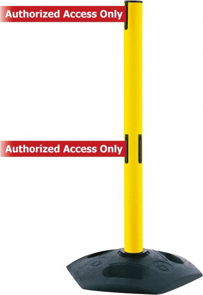 Tensabarrier | Tensator 38" Yellow Dual Tape 4 Way Stanchion - 7.5' Tape, Red Tape, Plastic Post, Octagon Base | Part #886T2-35-STD-RA