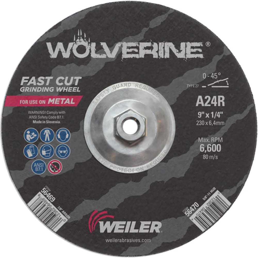 Depressed Grinding Wheel:  Type 27,  9" Dia,  1/4" Thick,  Aluminum Oxide