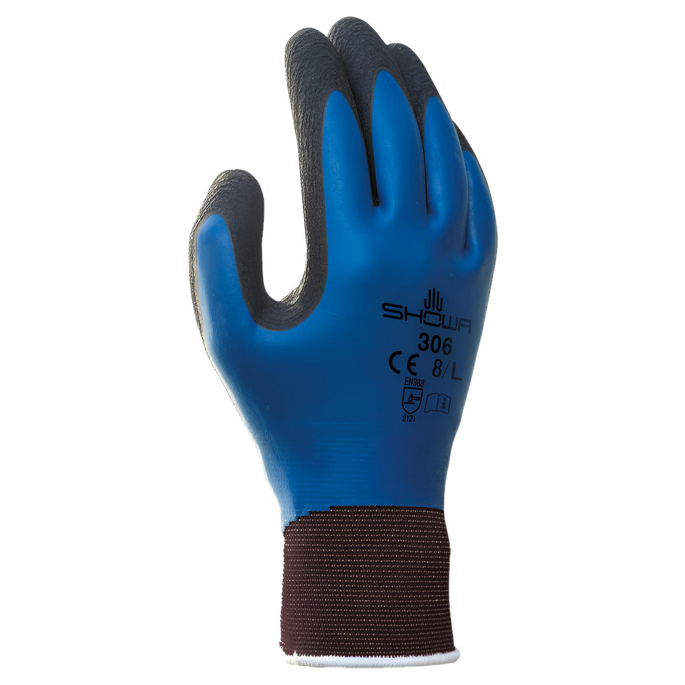Work Gloves: SHOWA® 306, Size Medium, Latex-Coated Nylon Blend, General Purpose - Blue, 9" OAL, Nylon & Polyester Lined, Rough Grip, Pair