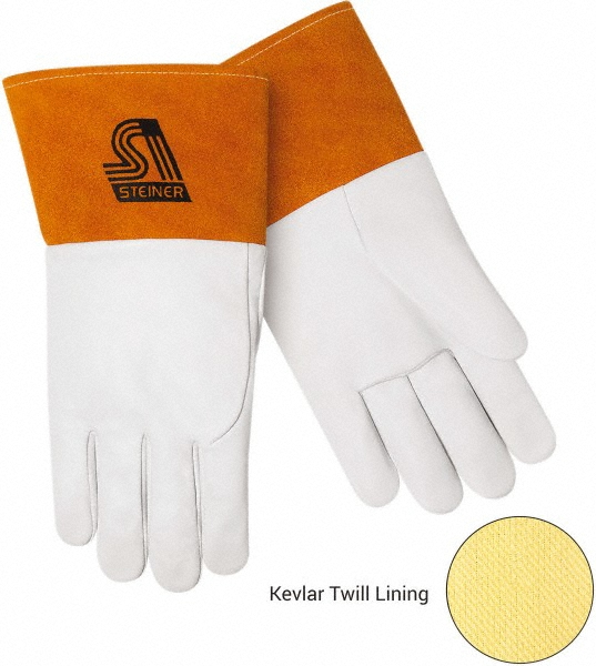 Welding Gloves: Steiner Size Medium, Goatskin Leather, Pair, for TIG - Tan, 12" OAL, ANSI Cut Resistance A2