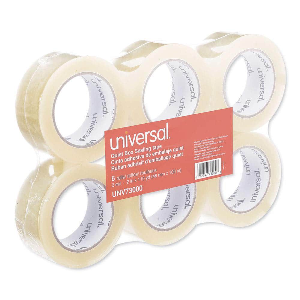 Universal Quiet Tape Box Sealing Tape, 48mm x 100m, 3 Core, Clear, 6/Pack  -UNV73000 