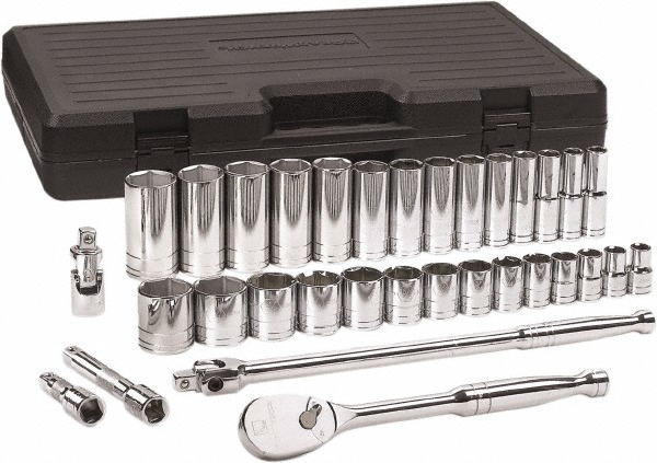 Socket Set: Deep Standard, 33 Pc, 1/2" Drive, 7/16 to 1-1/2" - 6 Point, Chrome