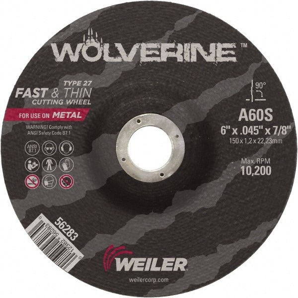 A60S Grit 6 Diameter 0.045 Thickness Type 27 Thin Cutting Wheel Weiler 7//8 Arbor