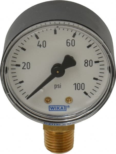 Wika 4252943 Pressure Gauge: 2" Dial, 0 to 100 psi, 1/4" Thread, NPT, Lower Mount 