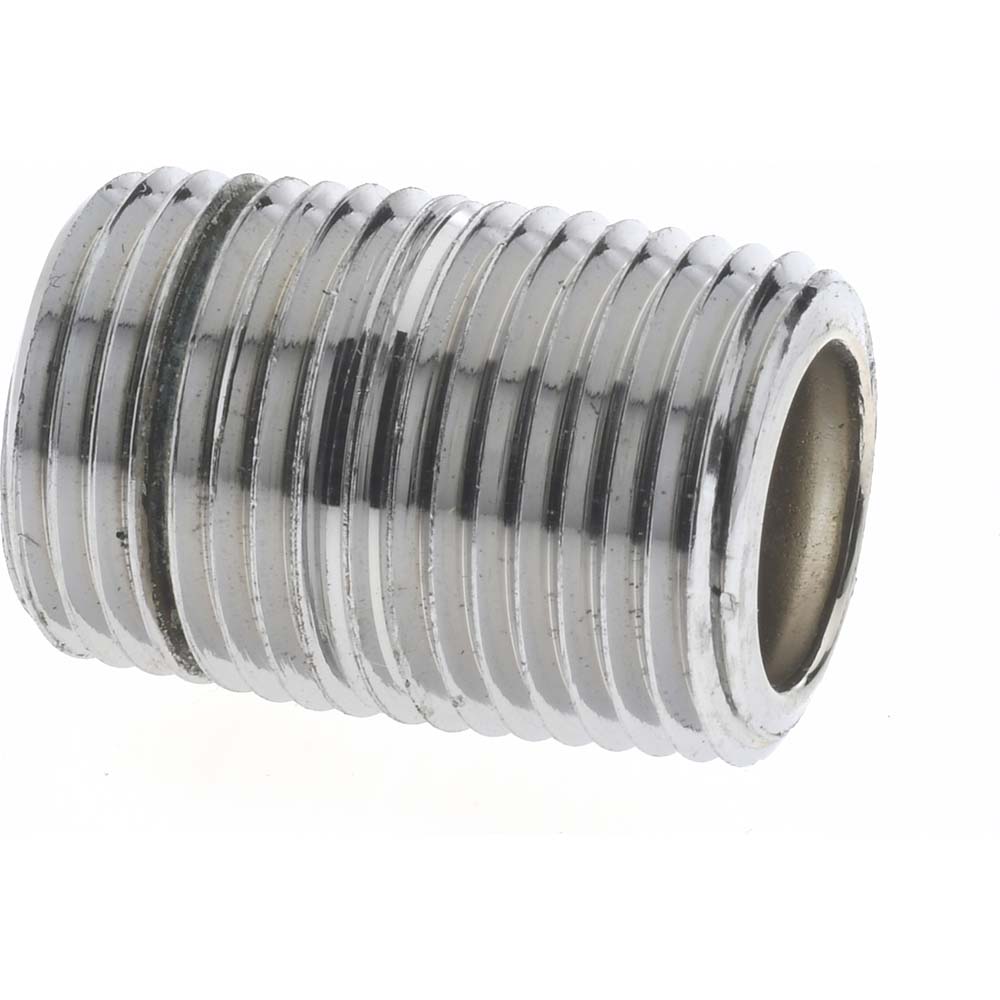 Brass Pipe Nipple: Threaded on Both Ends, 1" OAL, 3/8" NPT, Chrome-Plated - NPT Thread, Chrome Plated Red Brass