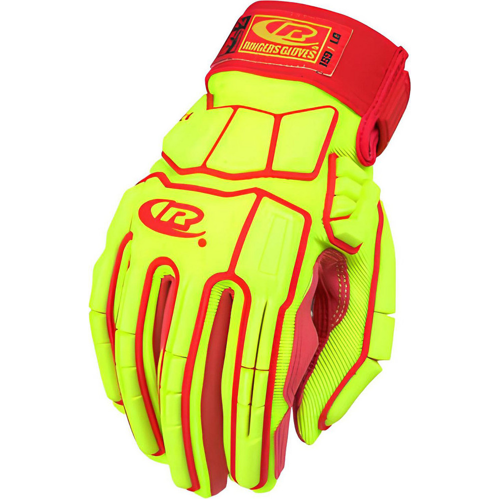 Cut, Puncture & Abrasion-Resistant Glove: Ringers R169, Size 3X-Large, ANSI Cut A5, ANSI Puncture 3, Synthetic Leather, HPPE - HPPE, Synthetic Leather-Coated, Palm & Fingers Coating, Enhanced Grip, Red on High-Visibility Green Pair
