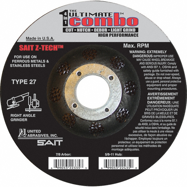 Sait 41/2" Wheel Diam, 7/8" Arbor Hole, Type 27 Depressed Center