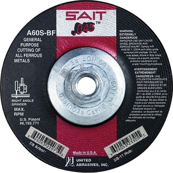 Depressed Center Wheel: Type 27, 4-1/2" Dia, 0.045" Thick, Aluminum Oxide