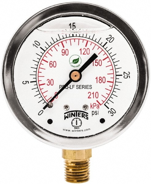 Pressure Gauge: 2-1/2" Dial, 0 to 30 psi, 1/4" Thread, NPT, Bottom Mount