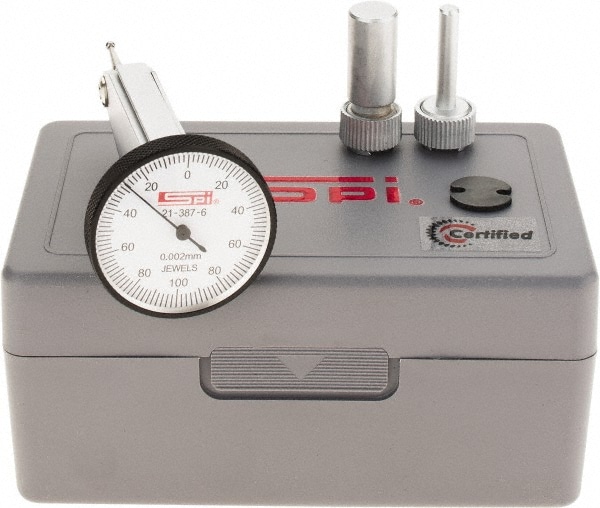 SPI 21-387-6 Dial Test Indicators: 0.2 Min, 0-100-0, 0.004 mm Accuracy, Vertical Image