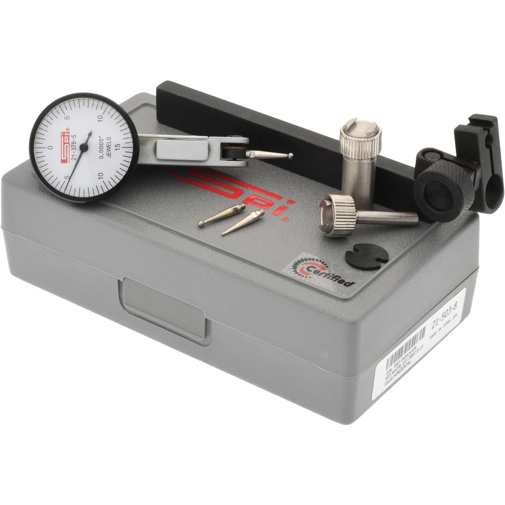 Test Indicator Kit: 8 Pc, 0.03 to 0.03" Measuring Range, 1-1/4" Dial Dia, 0-15-0 Dial Reading