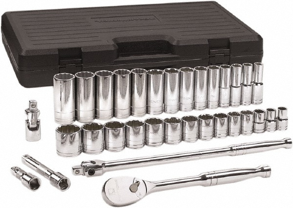 Deep Standard Socket Set: 33 Pc, 1/2" Drive, 7/16 to 1-1/2" Socket