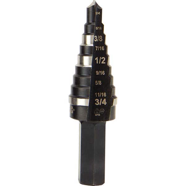 Klein Tools KTSB03 Step Drill Bits: 1/4" to 3/4" Hole Dia, 3/8" Shank Dia, High Speed Steel, 9 Hole Sizes 