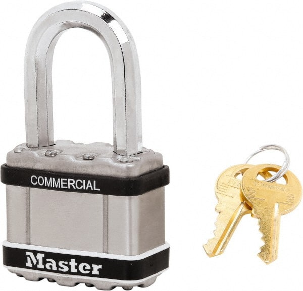 Master Lock M5KALFSTS Padlock: Laminated Steel, Keyed Alike, 2" Wide, Chrome-Plated 