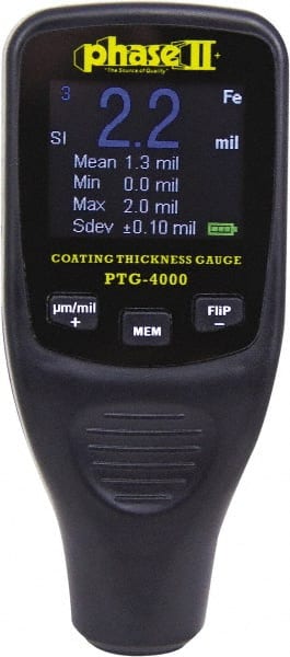 Phase II PTG-4000 Coating Thickness Gages; Maximum Thickness Measurement (mil): 50.00 ; Minimum Thickness Measurement (mil): 0.10 ; For Use With: Ferrous Base; Non-Ferrous Base ; Display Type: Color LCD ; Accuracy (mil): +/-3%+0.1 mil ; Accuracy (micro m): +/- 3% + 25m 