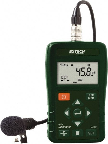 Extech SL400 Sound Meters; Meter Type: Class 2 Sound Meter ; Frequency Weighting: A,C & Z ; Sound Range (dB): 30  143 ; Display Type: LCD ; Accuracy (dB): 1.4 dB ; Power Supply: Battery 
