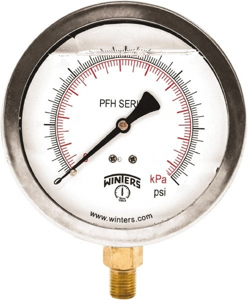 Pressure Gauge: 4" Dial, 1/4" Thread, NPT, Bottom Mount