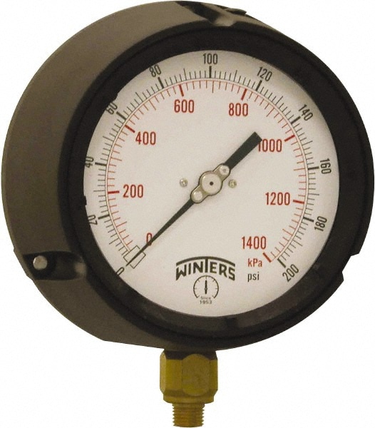 Winters - Pressure Gauge: 4-1/2″ Dial, 0 to 200 psi, 1/4″ Thread