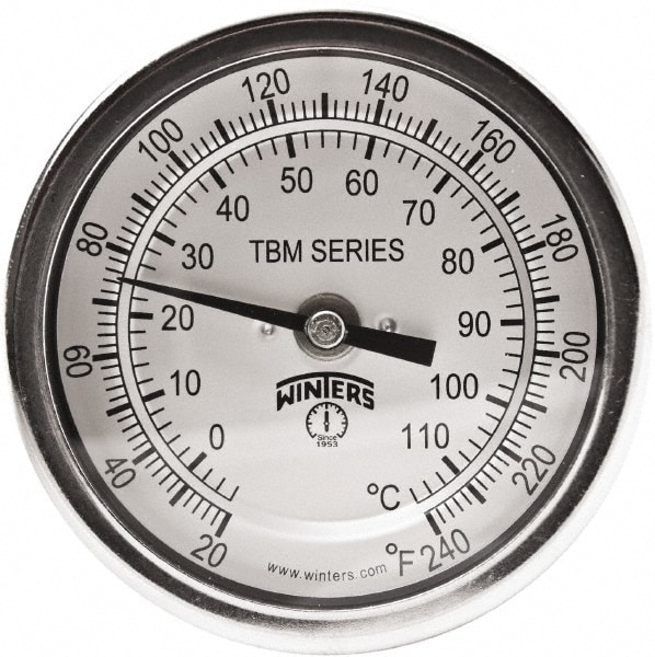 Bimetal Dial Thermometer: 0 to 240 ° F, 3" Dial Dia, 2-1/2" Stem Length