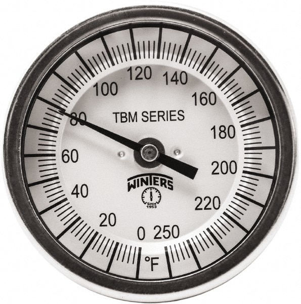 Bimetal Dial Thermometer: 20 to 250 ° F, 3" Dial Dia, 2-1/2" Stem Length